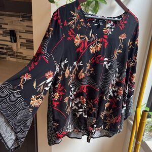 Alfani Black Blouse with Red and Orange Floral Design